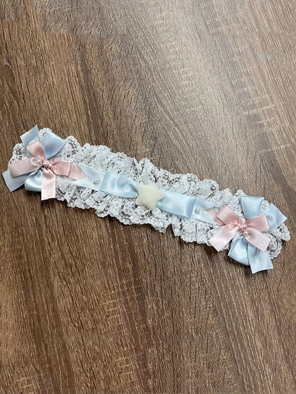 Pink and Blue / Hairband Bowknots Yellow Lace White
