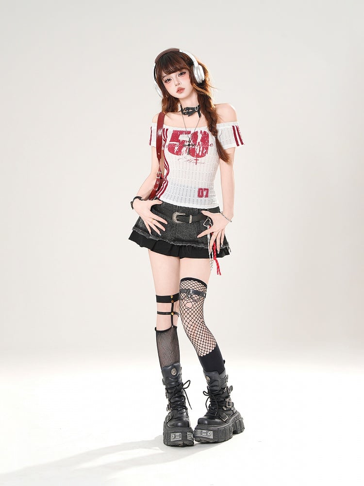 Slim-fitting Red/Black Off-the-shoulder Number Print Neckline