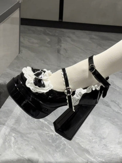 High Strap Platform Decor Block Black Bow Scalloped Lolita Heels with Sweet