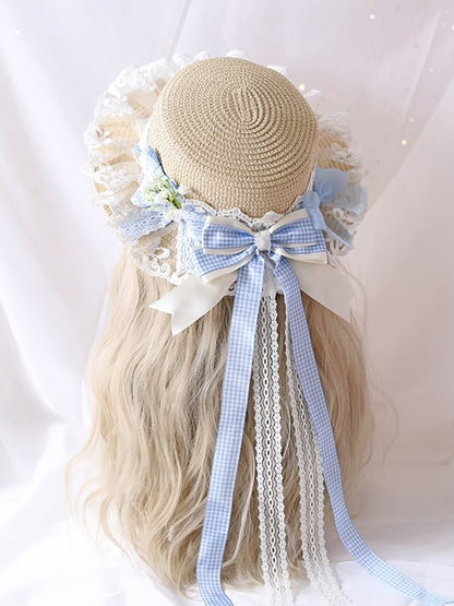 Gypsophila Lace Colors Gingham And Country Straw 5 Ribbon Bowknot Lolita Hat