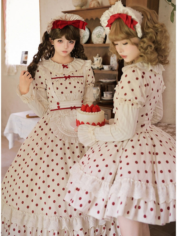 Long Beige and Red Polka Dot Puff-Sleeve Faux Layered Lolita OP Set with Apron - With PUJI