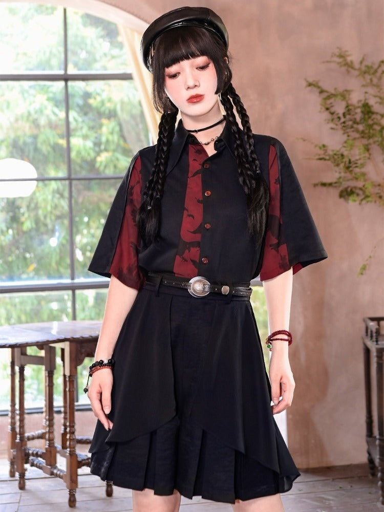 Gothic Black and Red Spliced Pointed Flat Collar Short Sleeve Shirt with Crow Motif - Quirky Hut