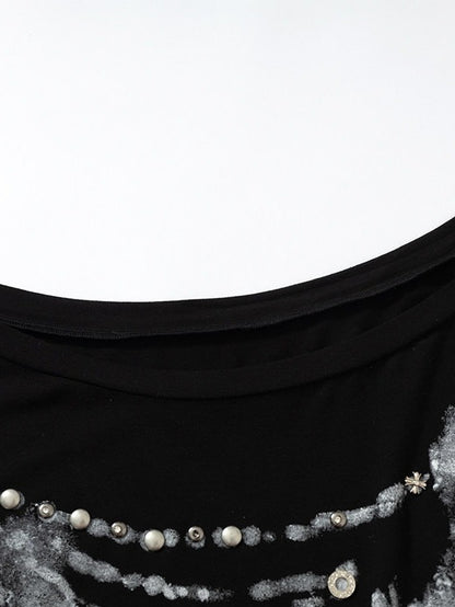 Asymmetrical Batwing Sleeve Black Bodycon Dress with Wing Print - NO ROMANCE