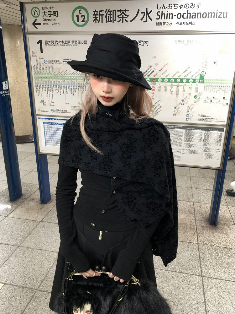 Asymmetrical Lace Button-Up Gothic Top Detachable Flocked Cape with