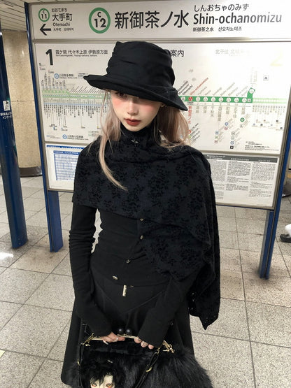 Asymmetrical Lace Button-Up Gothic Top Detachable Flocked Cape with