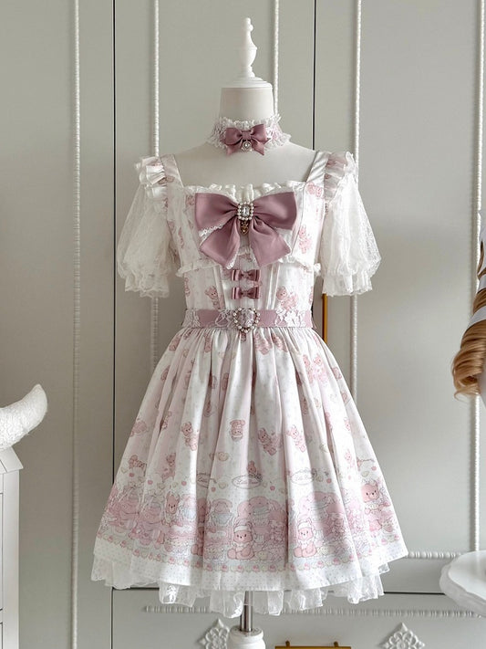 Ryousangata Style Pink Bear Print Square Neck Short-Sleeve Dress with Lace and Bow Details - Shi Zhai Xin