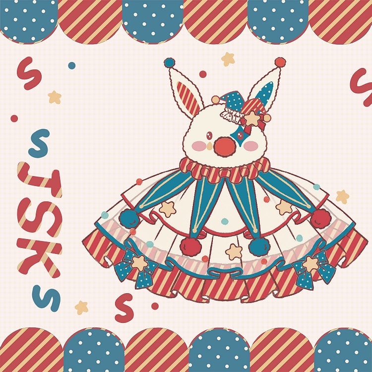 Lolita und Zirkus Pastell Clown Mieder Overalls Rotes Kleid Blau Dunkel Clowncore Bunny Fleece Süß