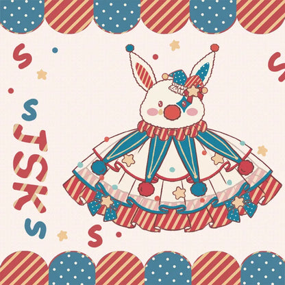 Fleece Clown Bunny Bodice Dark Blue and Red Circus Sweet Lolita Overalls Pastel Clowncore Dress