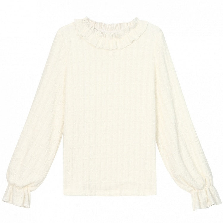 Beige Ruffle Neckline Long-Sleeve Top