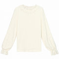 Beige Ruffle Neckline Long-Sleeve Top