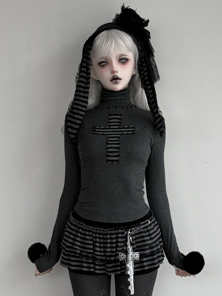 Long Sleeve Cuff Gothic Top Detachable Neck High - Pompon Decor