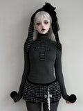 Long Sleeve Cuff Gothic Top Detachable Neck High - Pompon Decor