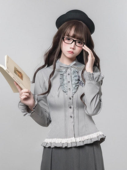 Kei Blouse With Ruffled Neck Striped Jirai Gray Tie