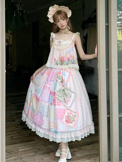 Cottagecore Patchwork Print Sweet Lolita Skirt with Detachable Straps Long Version