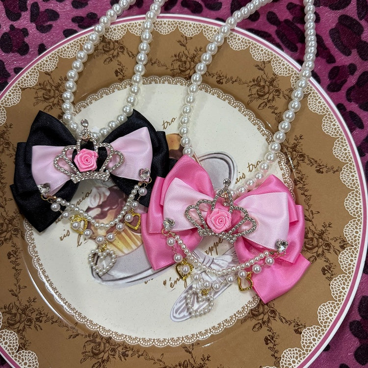 Rhinestone Beaded Heart Black/Pink Crown And Pendant Necklace Bowknot Decorated