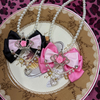 Rhinestone Beaded Heart Black/Pink Crown And Pendant Necklace Bowknot Decorated