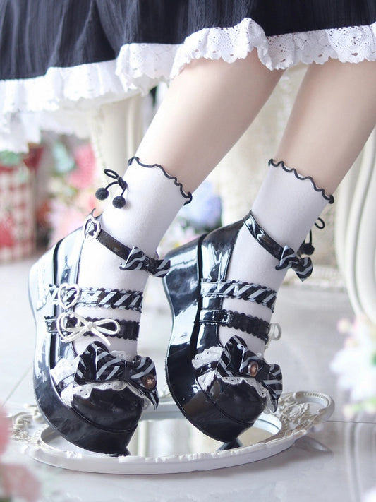 Platform Janes Sweet Decor Lolita Top Kitten Heart Print Buckle at Button  Bow Stripe Black - with Mary