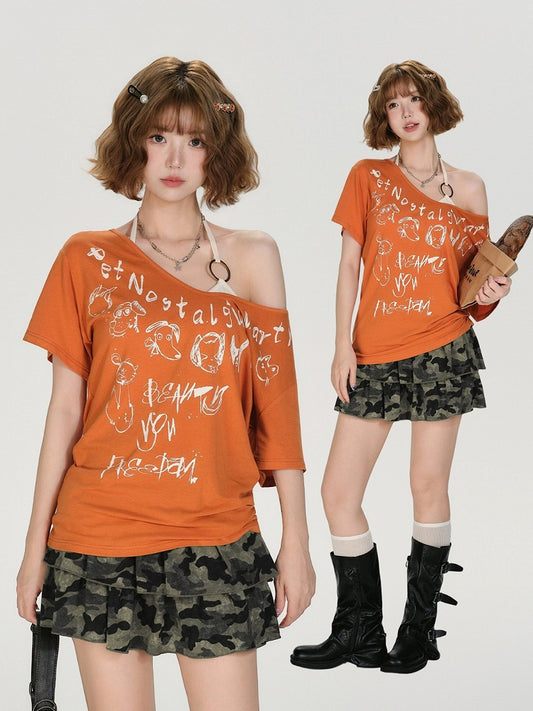 Retro Off Shoulder Tee and Halter Top Combo - Girlyhalo