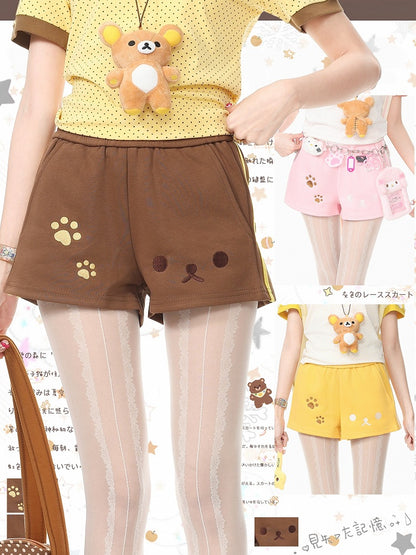 Kawaii Otaku Bear-Embroidered Yellow Shorts for Casual Wear - Languid Park
