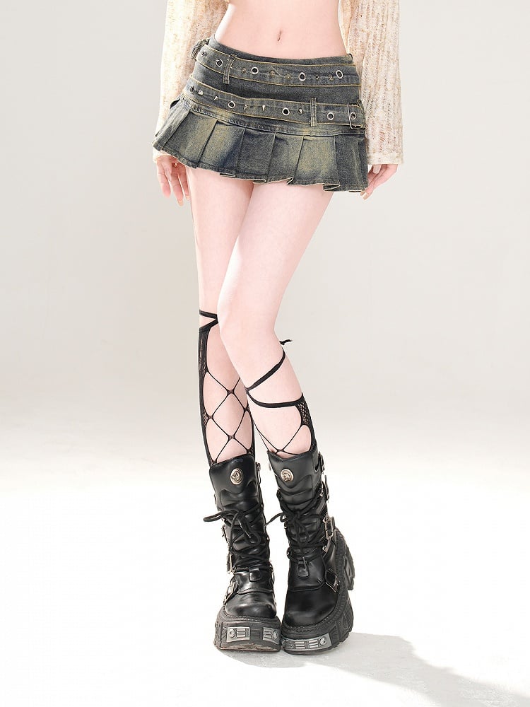 ブルーのロープリーツスカート、グラマラスウエスト、スタッズバックルストラップミニ