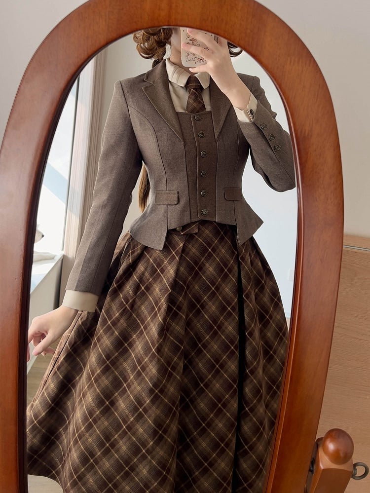 Cropped Autumn/Winter Buttons Metal Coffee Blazer with Vintage