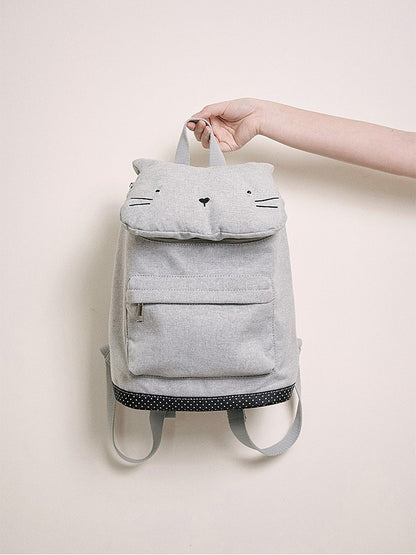 Charming Grey Cat-Ear Flap Backpack With Embroidered Kawaii Kitten Design