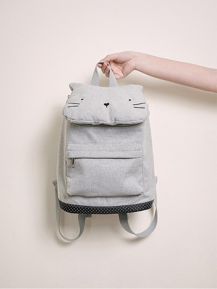 Kawaii Flap Backpack Charming Cat-Ear Kitten Grey With Design Embroidered
