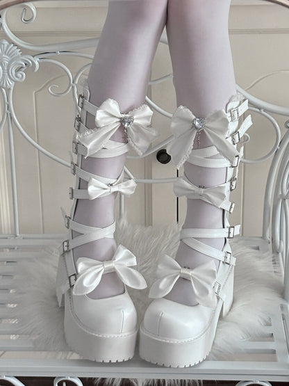 White Gothic Lolita Platform Mid-Calf Boots with Chunky Sole and Rear Zip Fastening - Night Sakura Water Lantern