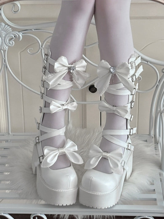 White Gothic Lolita Platform Mid-Calf Boots with Chunky Sole and Rear Zip Fastening - Night Sakura Water Lantern