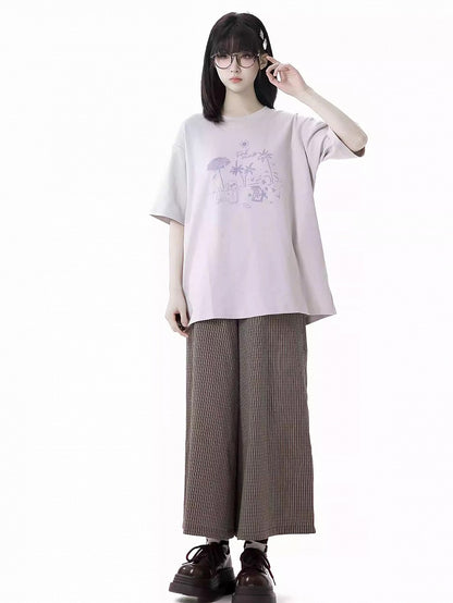 ルーズグラフィティTシャツ パピー ラウンドネック グレー/ピンク/ライトパープル