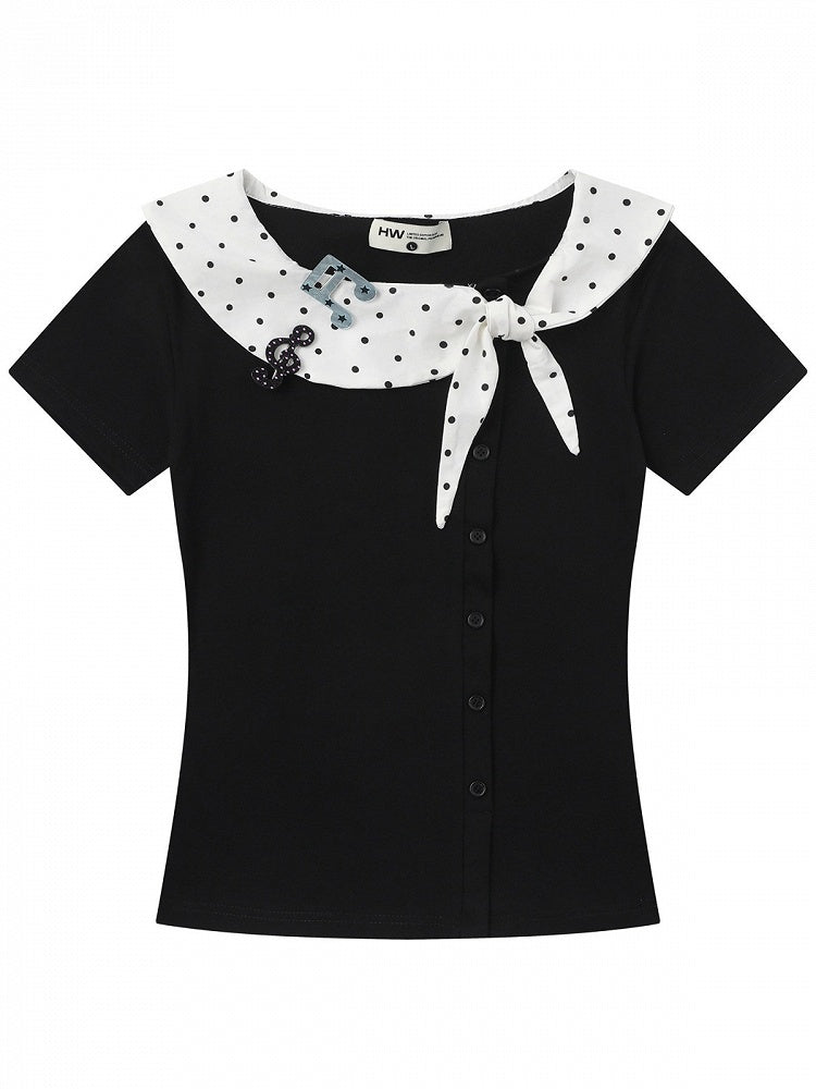 Black Polka Dot Music Note Tie-Neck Top - Languid Park