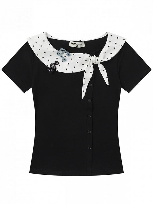 Black Polka Dot Music Note Tie-Neck Top - Languid Park