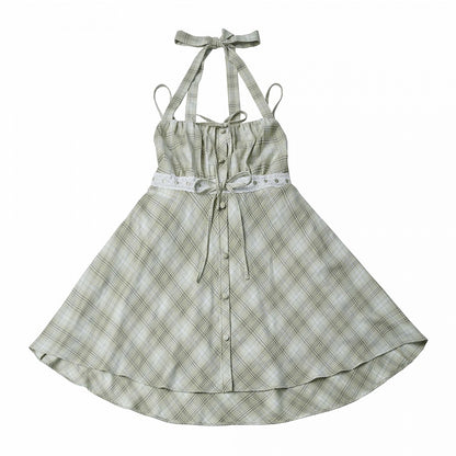 Green Plaid Halter Dress - PINK SAVIOR