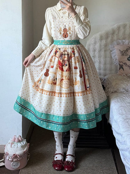 White Musical Print Overall Dress with Detachable Straps - Crucis Universal Tailor Company