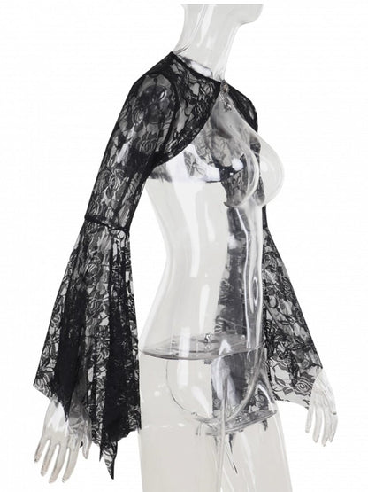 Embroidery Sleeve Floral Halloween Gothic Gem Shrug Batwing Lace with Bell Centerpiece Black