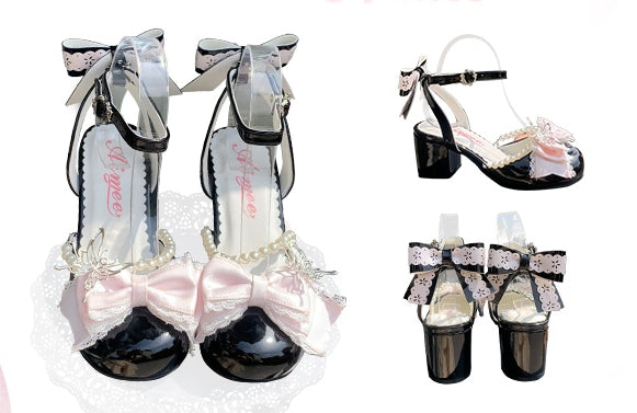 Sweet Lolita Jane Chain Top Mary Bow at Black Bead Pink with Shoes Detachable