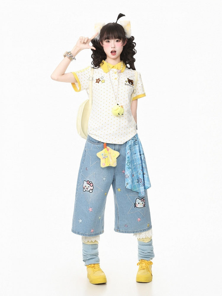 Yellow Polka-Dot Tee with Bear Motif & Chick Charm - Languid Park