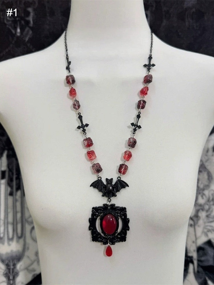 Red Rhinestone Gothic Necklace with Bat and Cross Pendant - Boobi Shop
