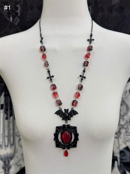 Red Rhinestone Gothic Necklace with Bat and Cross Pendant - Boobi Shop