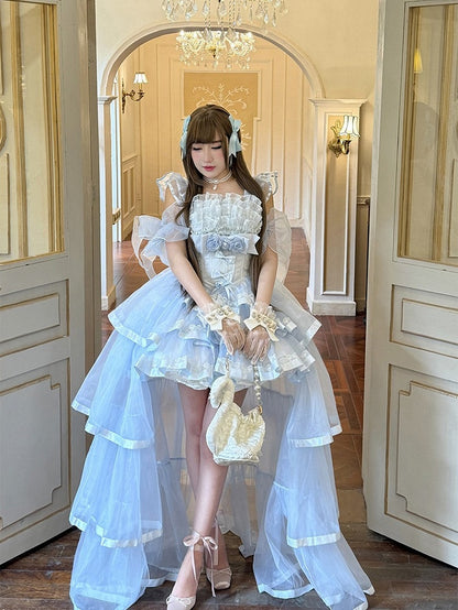 Blue Elegant Lolita Jumper Dress with Train and Sleeves - Diamond Honey