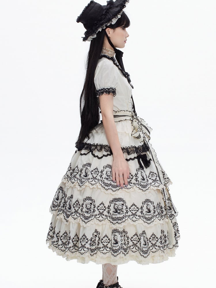 White Blouse Trim Black Lolita Pattern Scalloped Edge with Skirt Puff + Elegant Layered Rabbit Sleeves Set