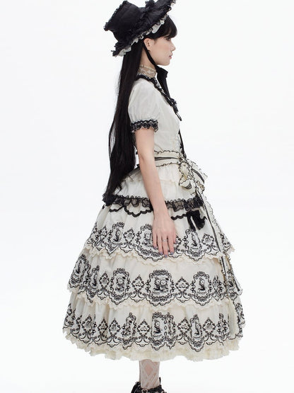 White Blouse Trim Black Lolita Pattern Scalloped Edge with Skirt Puff + Elegant Layered Rabbit Sleeves Set
