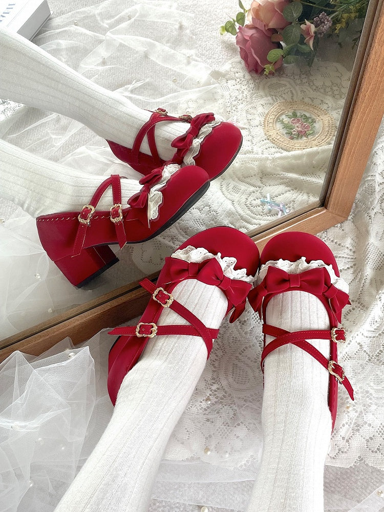 Jane Red Scalloped Shoes with Hem PU Mary Lolita Elegant