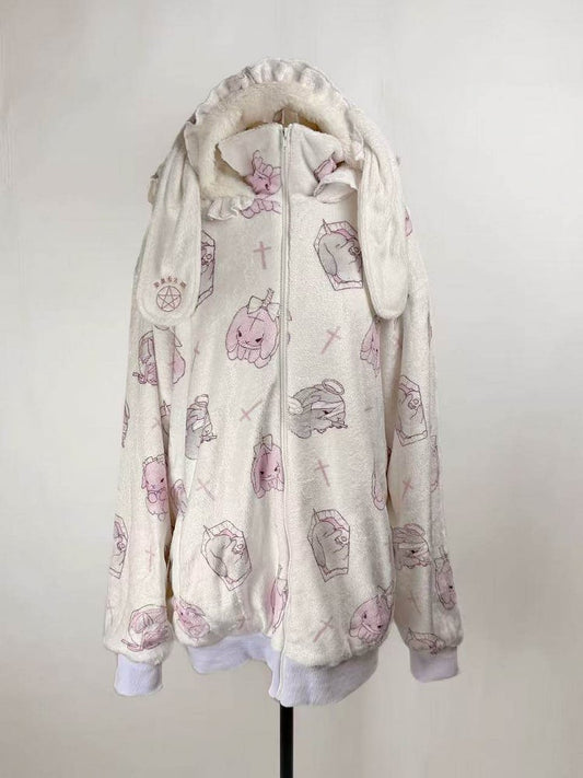 Hooded White Jirai Pattern Fleece Kei Bunny Bunny-Ear Cartoon Jacket