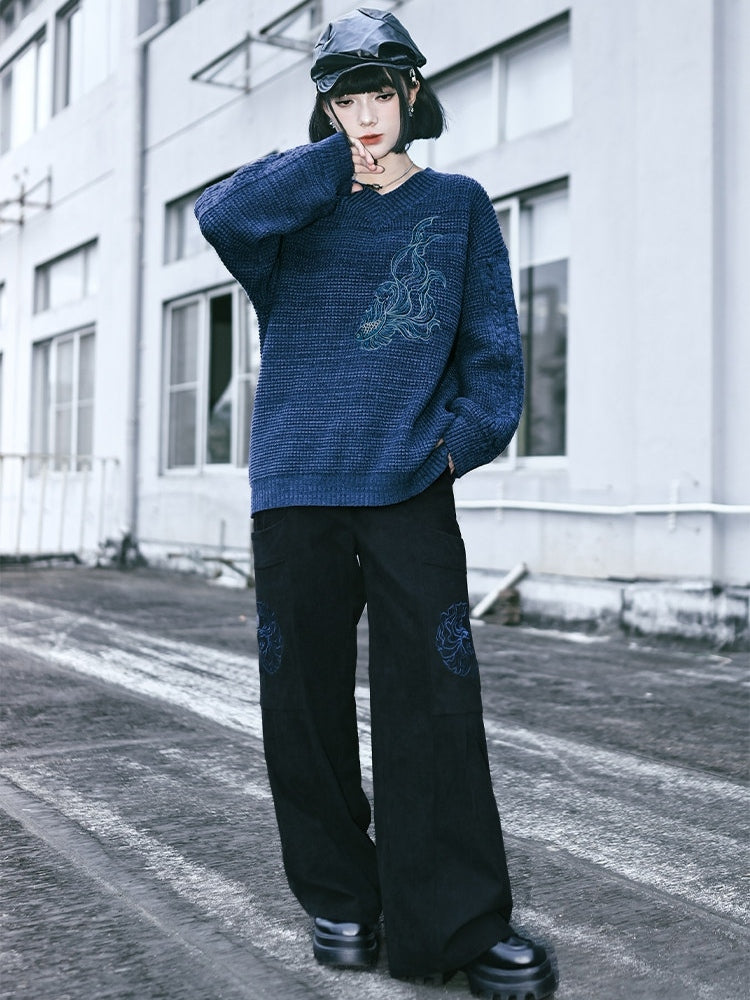 Scarf with Set Embroidery Gothic Goldfish Sweater V-Neck Blue