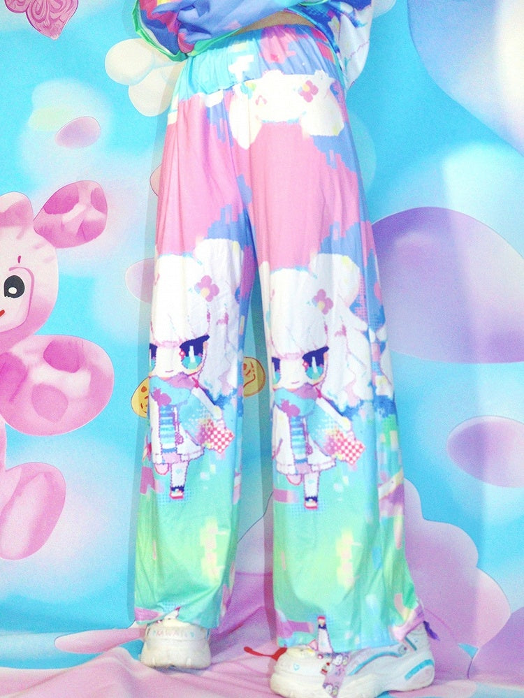Y2K ストレートレッグ カラフルプリント カートゥーンパンツ カット