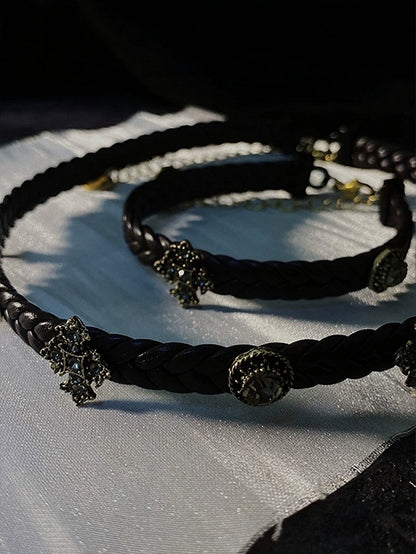 Dark Brown Gothic Leather Choker with Rhinestone Cross - Insomnia Artist