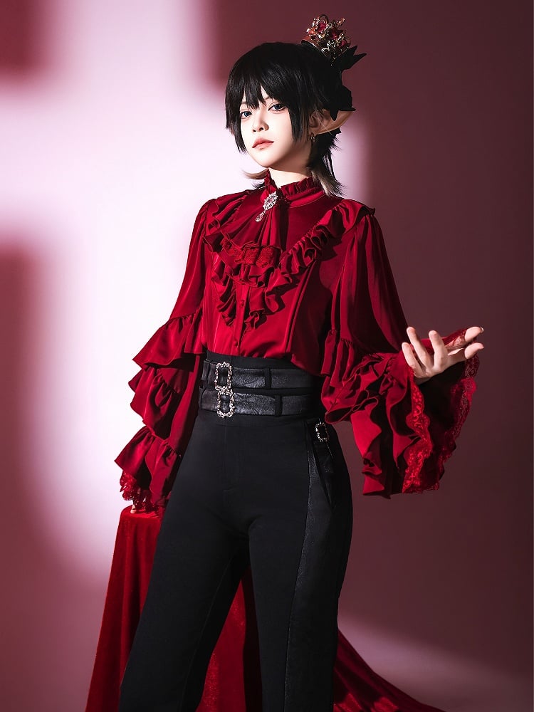 Wine Red Ruffle Neckline Vampire Ouji Lolita Long Sleeves Shirt