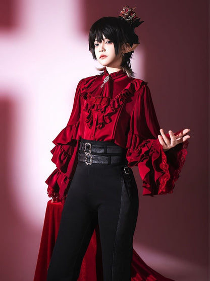 Vampire Sleeves Wine Ouji Long Lolita Shirt Red Neckline Ruffle