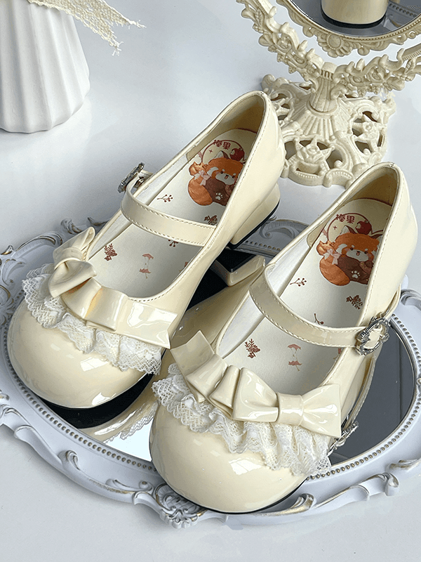 Details Accents Sweet PU Round Lace Beige Lolita Toe Shoes Bow in